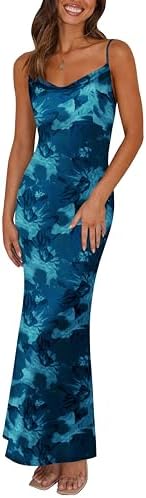 Women's 2025 Summer Floral Spaghetti Strap Maxi Dress Stretch Sexy Bodycon Dress Backless Slip Long Dresses