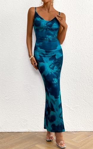 Women's 2025 Summer Floral Spaghetti Strap Maxi Dress Stretch Sexy Bodycon Dress Backless Slip Long Dresses